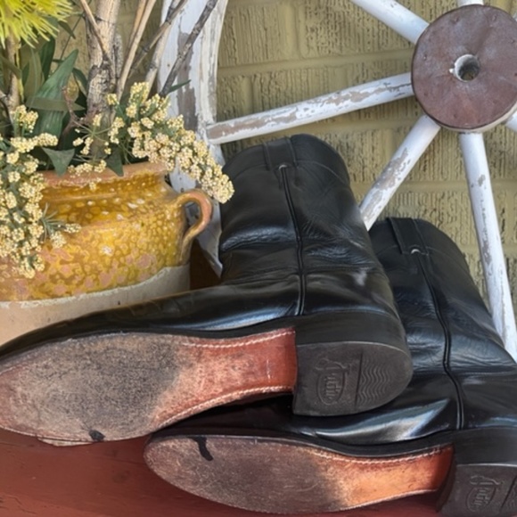 Men's Justin Black Leather Roper Boots, Style 3133 - Size 8 1/2 D - Picture 4 of 9